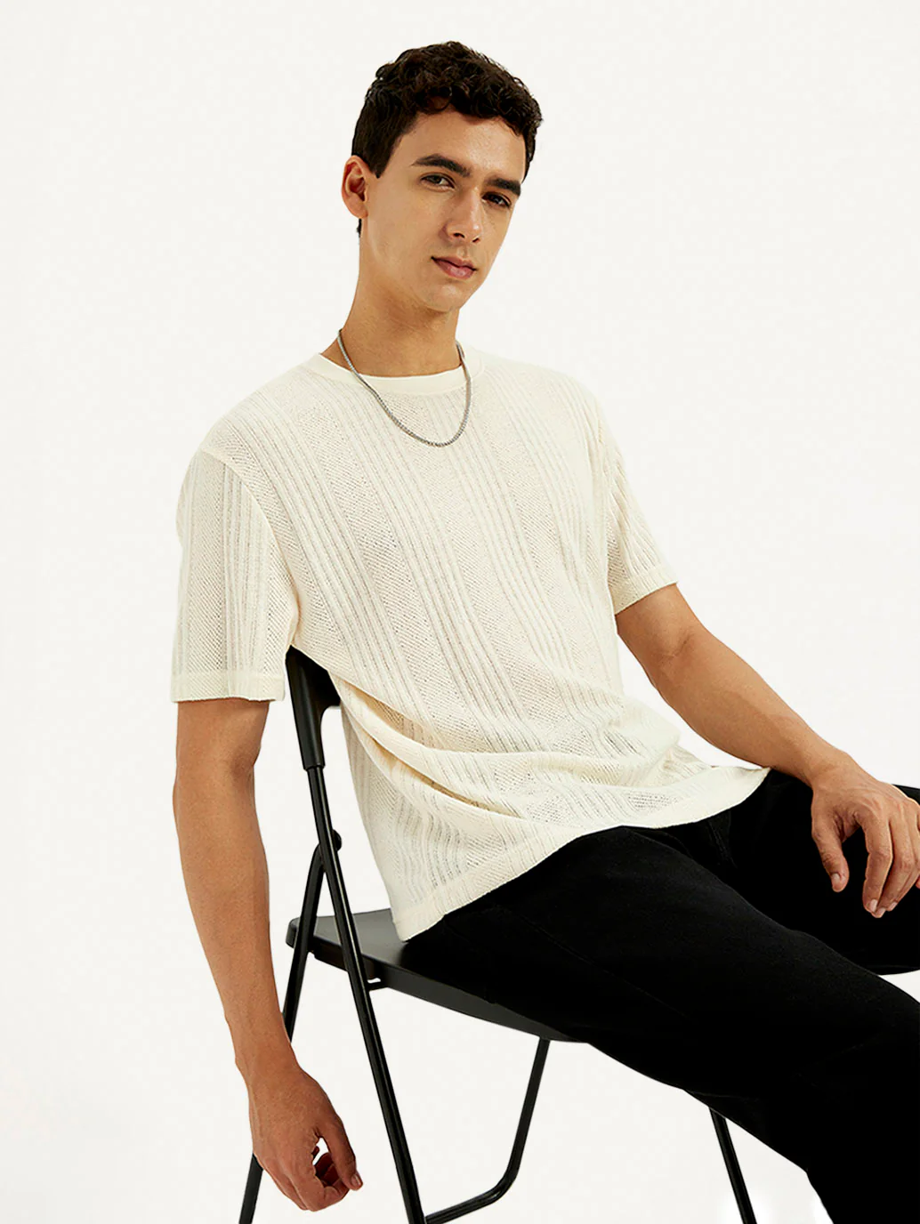 Men's Self Design Cream Crew Neck T-shirt
