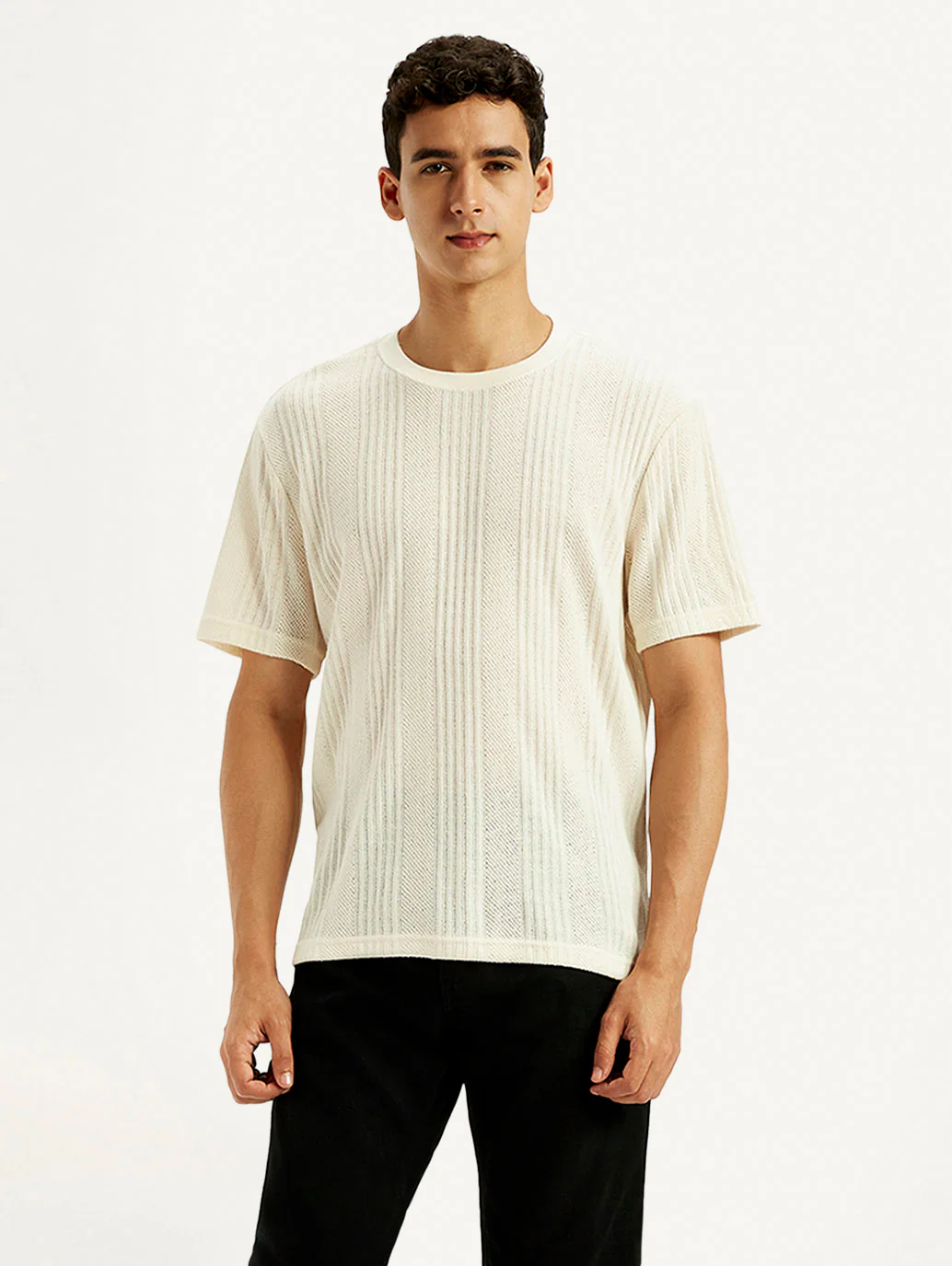 Men's Self Design Cream Crew Neck T-shirt - Image 2