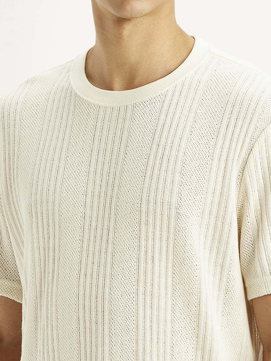 Men's Self Design Cream Crew Neck T-shirt - Image 5