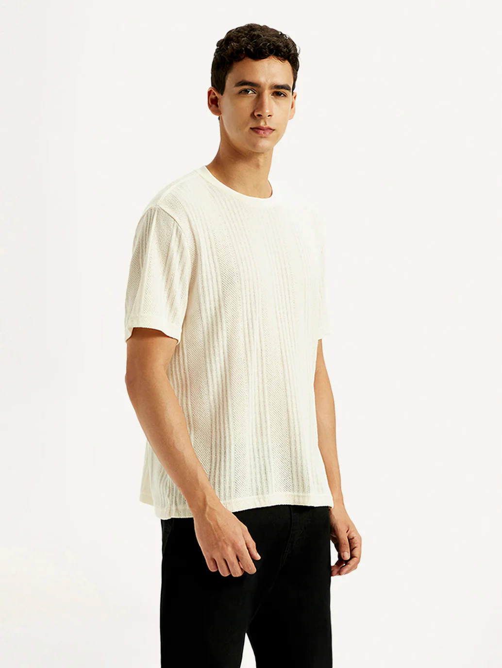 Men's Self Design Cream Crew Neck T-shirt - Image 6