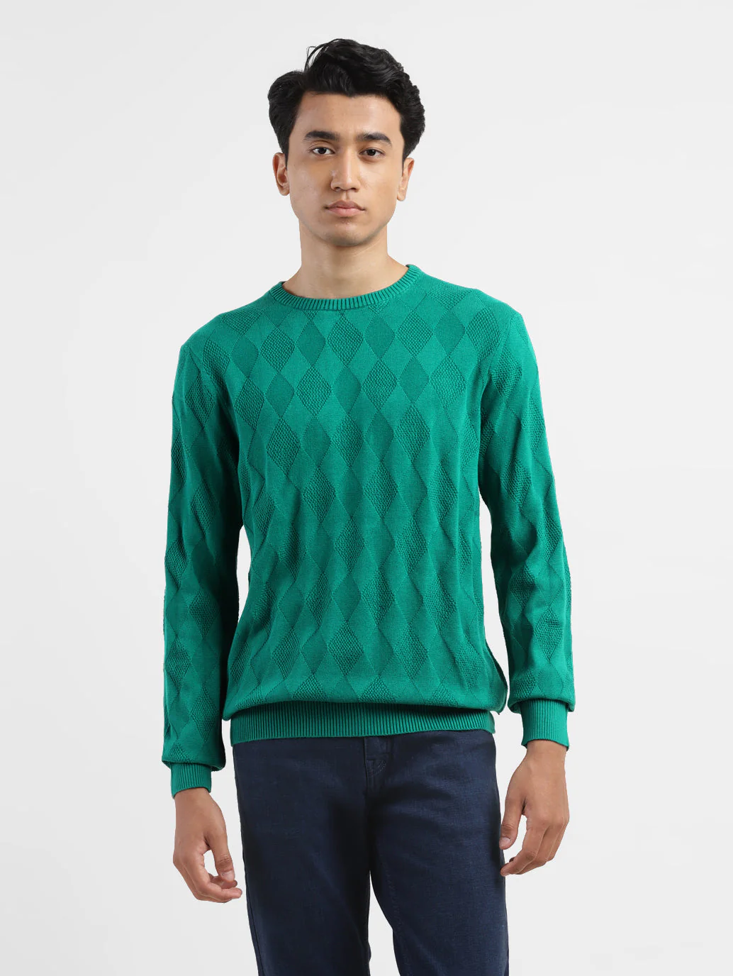 Men's Self Design Green Crew Neck Sweater - Image 2