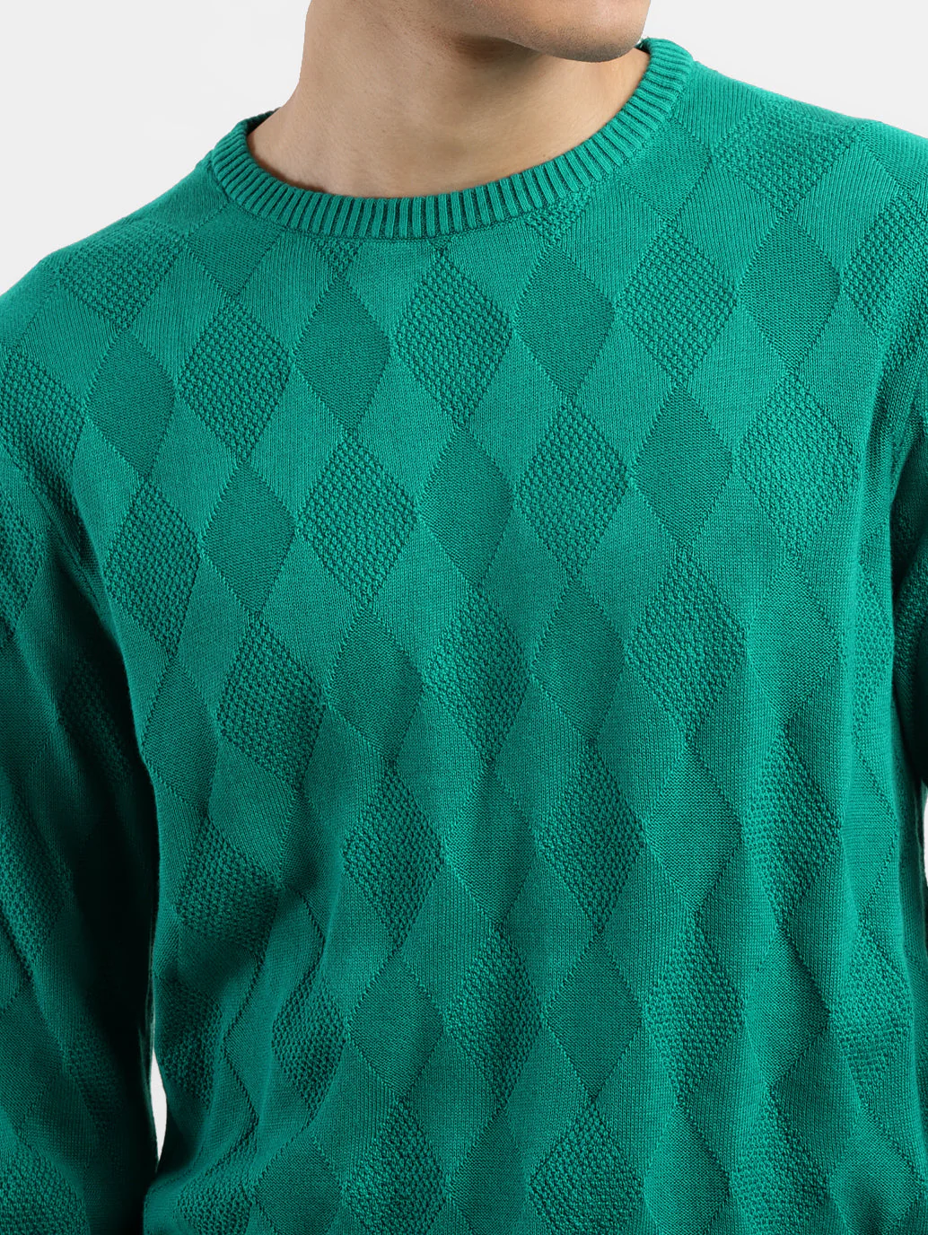 Men's Self Design Green Crew Neck Sweater - Image 5