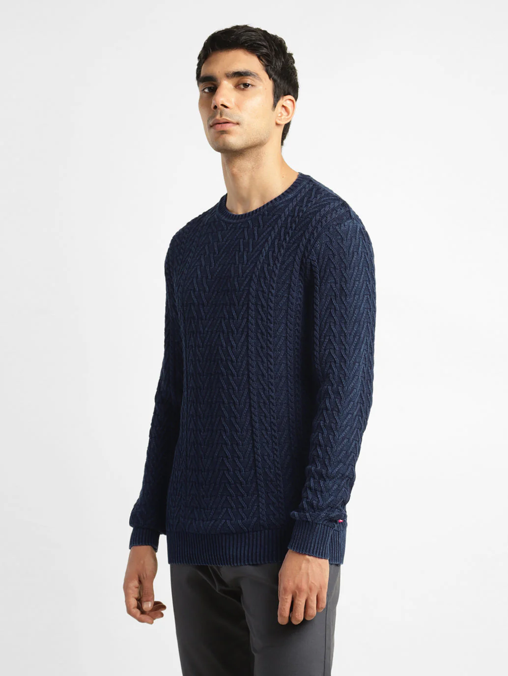 Men's Self Design Navy Crew Neck Sweater - Image 4
