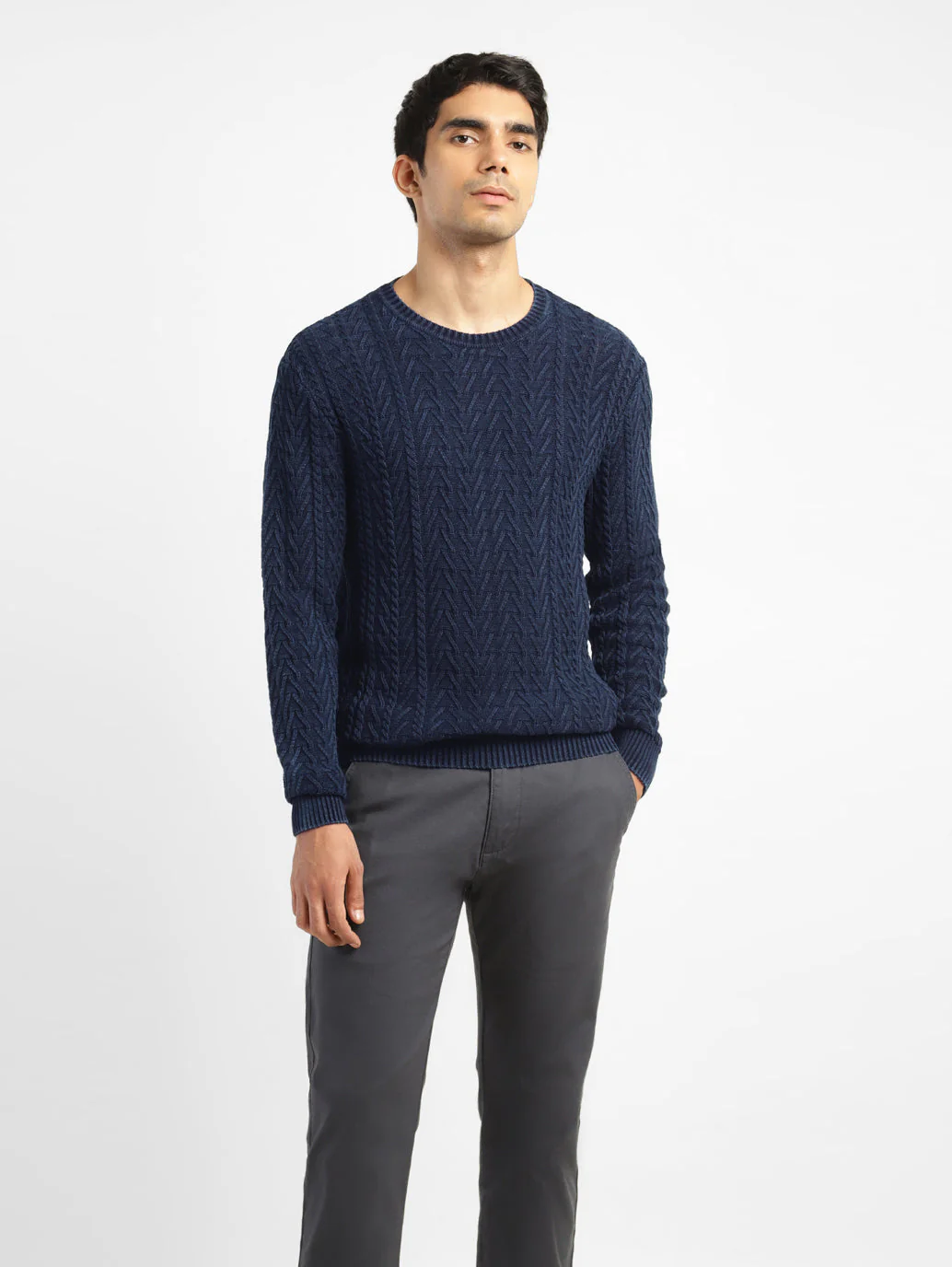 Men's Self Design Navy Crew Neck Sweater - Image 6
