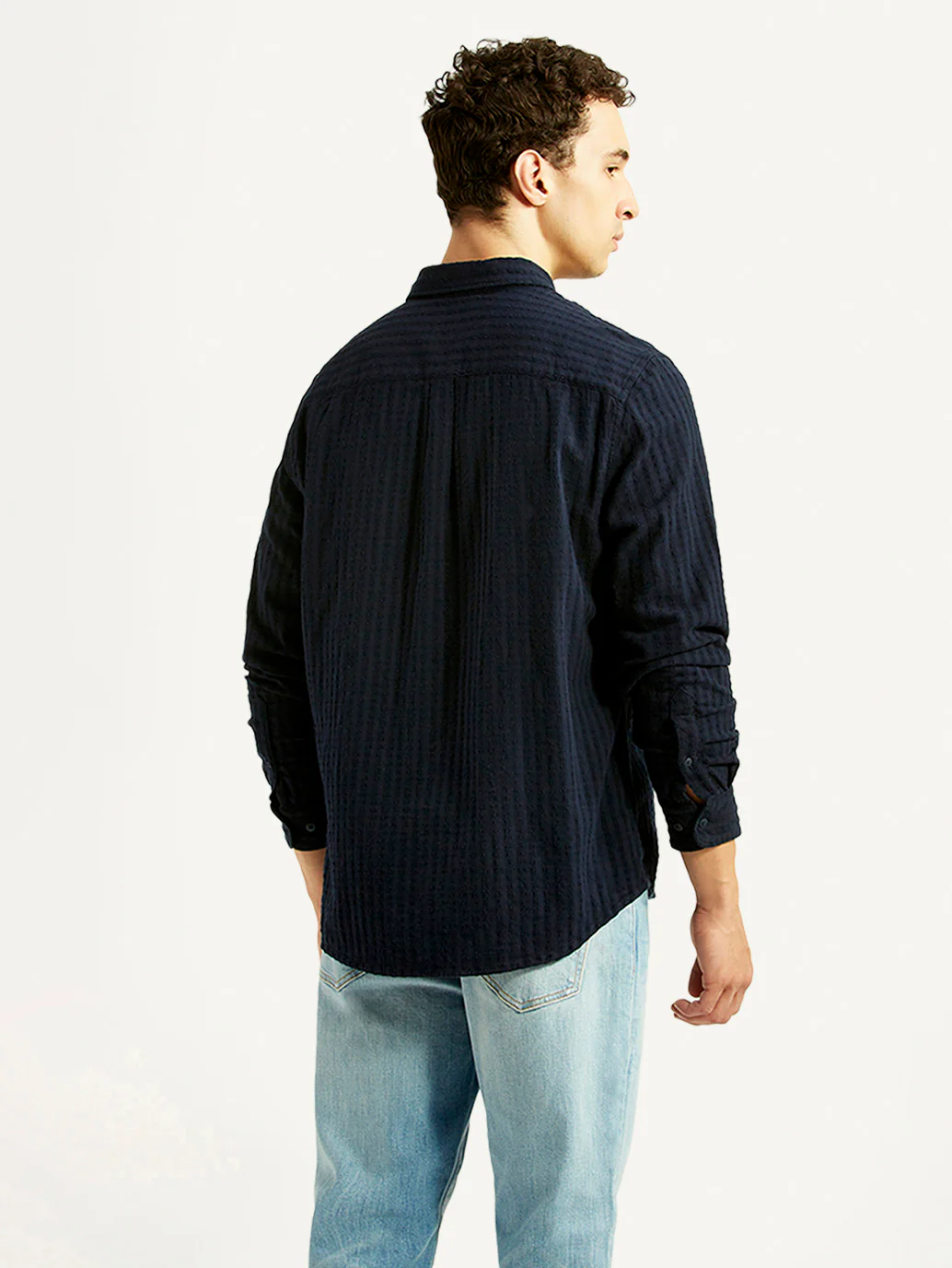 Men's Self Design Navy Slim Fit Shirt - Image 3