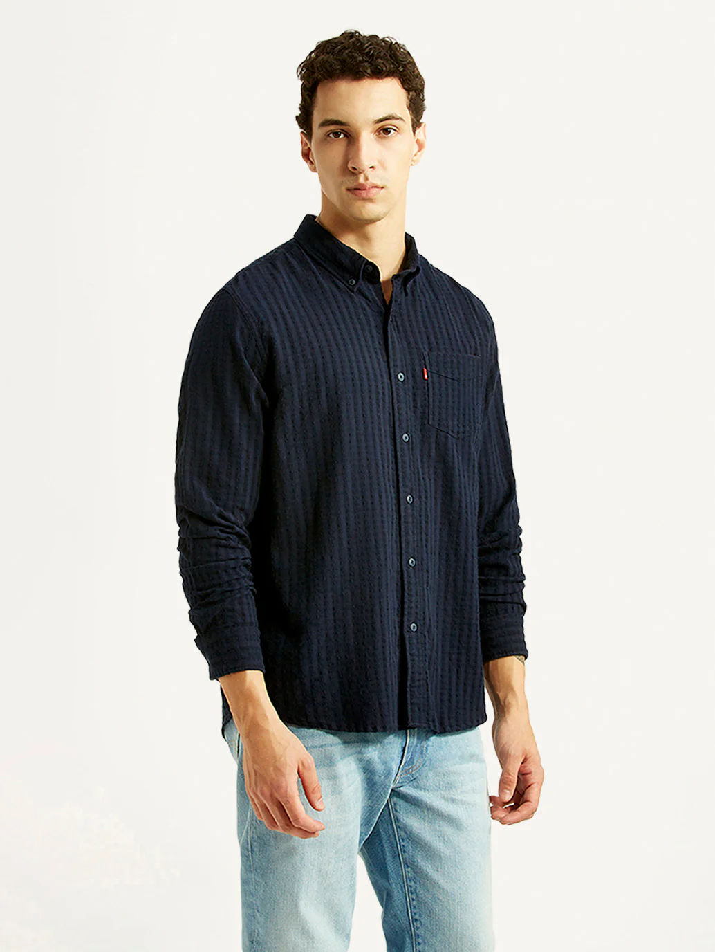 Men's Self Design Navy Slim Fit Shirt - Image 5