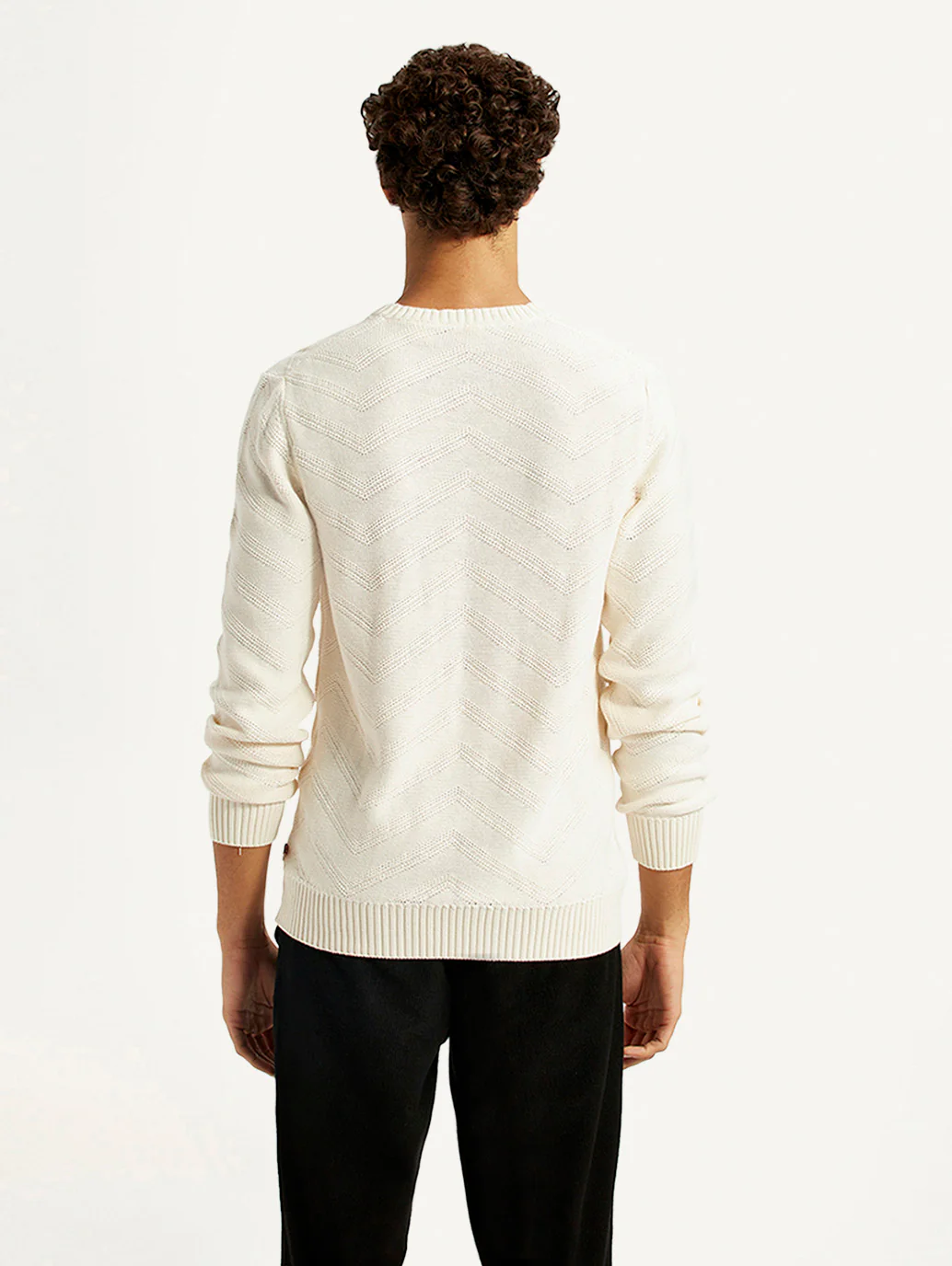 Men's Self Design Off White Crew Neck Sweater - Image 2
