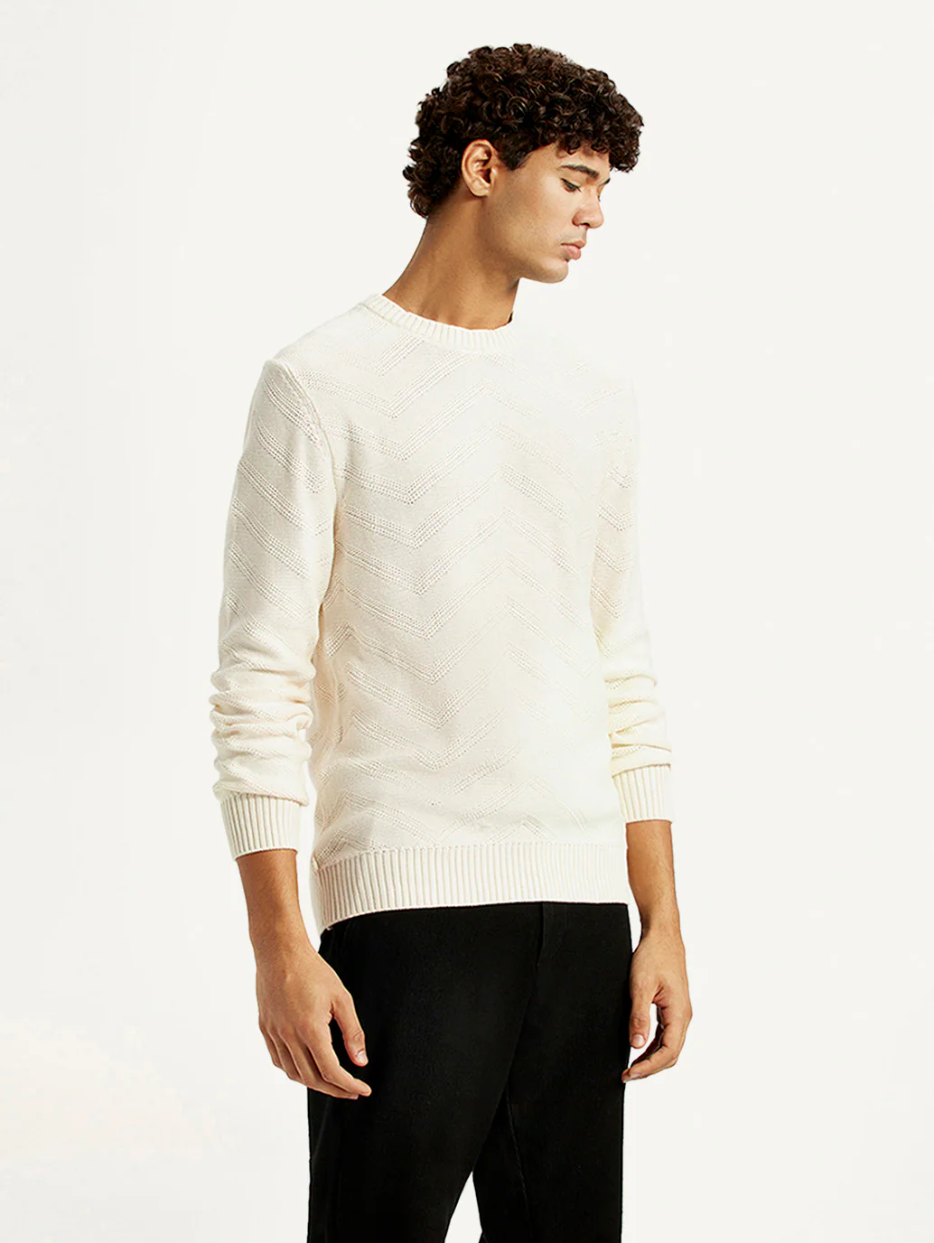 Men's Self Design Off White Crew Neck Sweater - Image 4