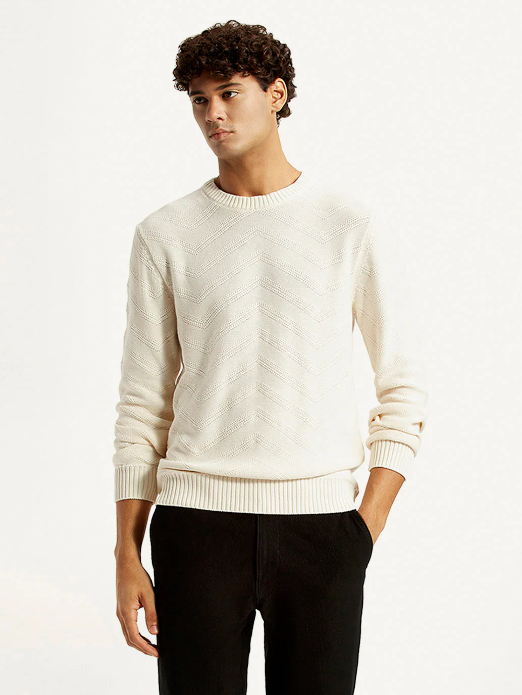 Men's Self Design Off White Crew Neck Sweater - Image 5