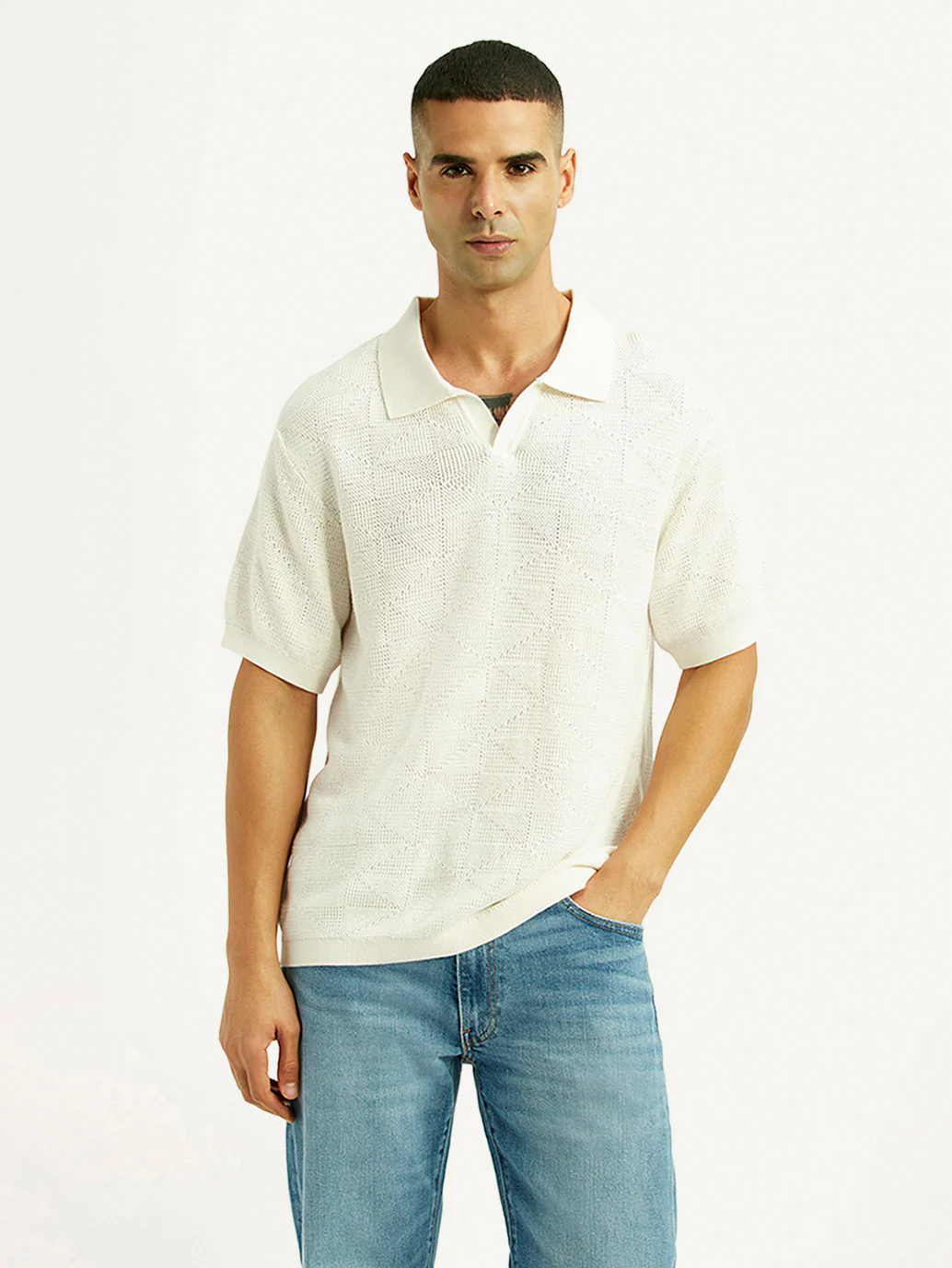 Men's Self Design Off White Loose Fit Polo T-Shirt - Image 2