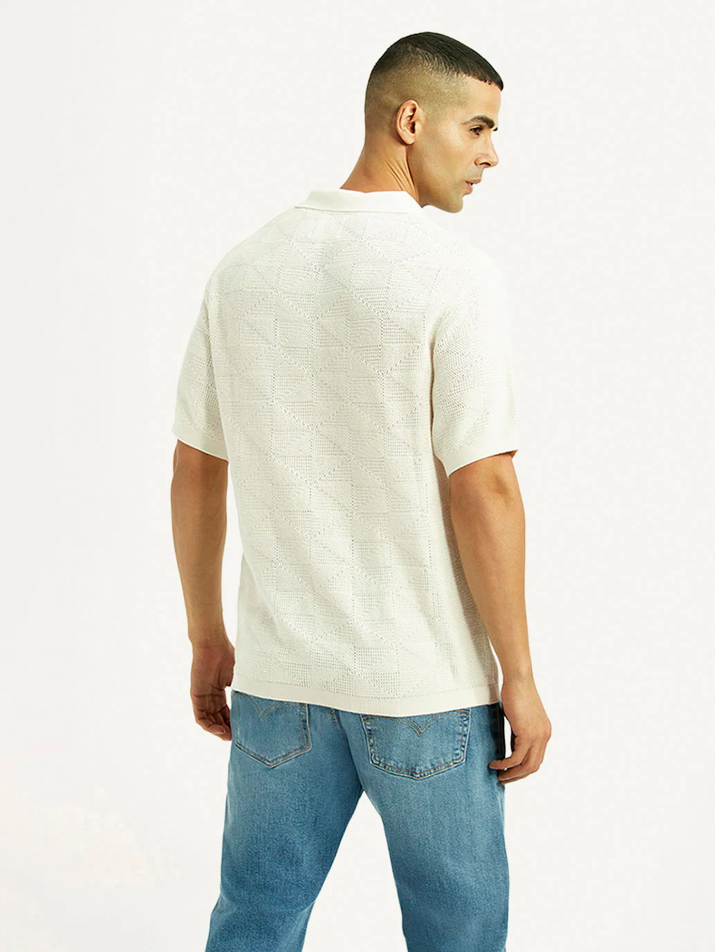 Men's Self Design Off White Loose Fit Polo T-Shirt - Image 3