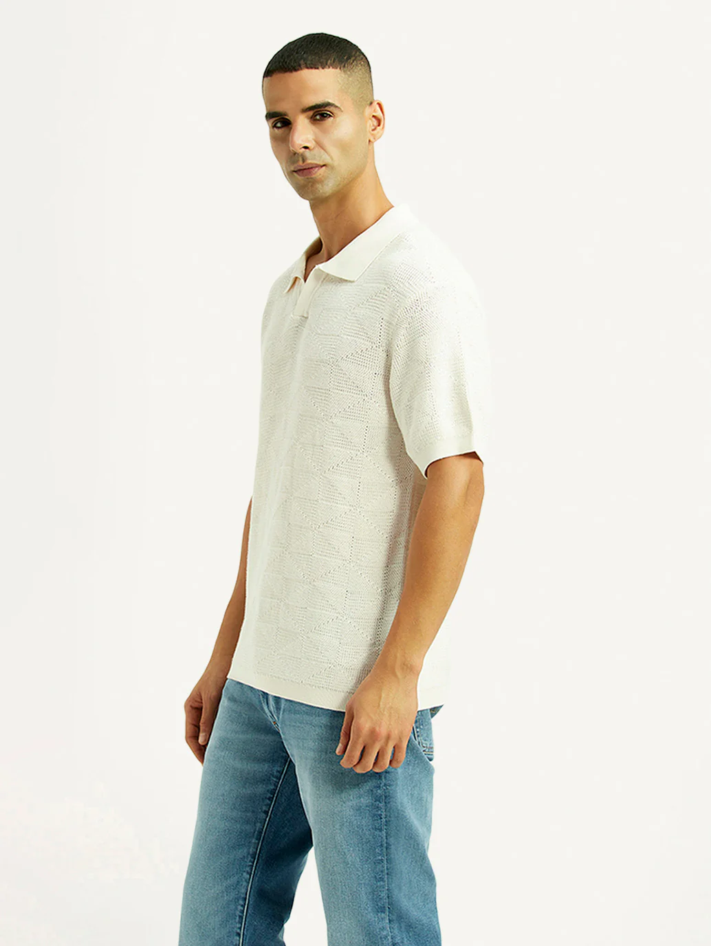 Men's Self Design Off White Loose Fit Polo T-Shirt - Image 5