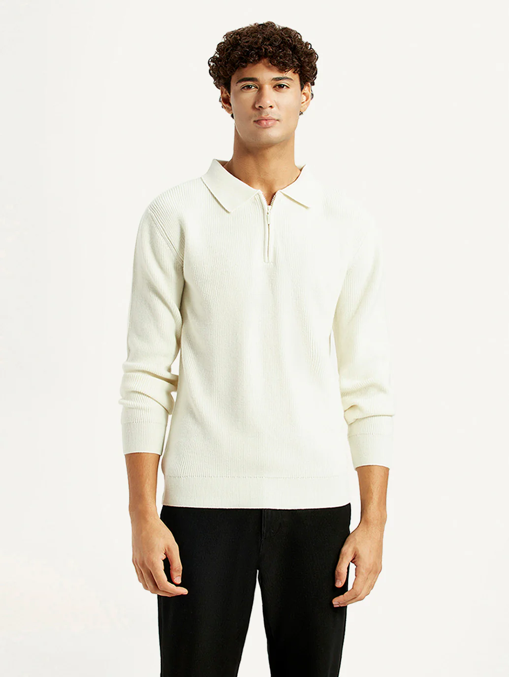 Men's Self Design Off White Polo Neck Sweater - Image 2