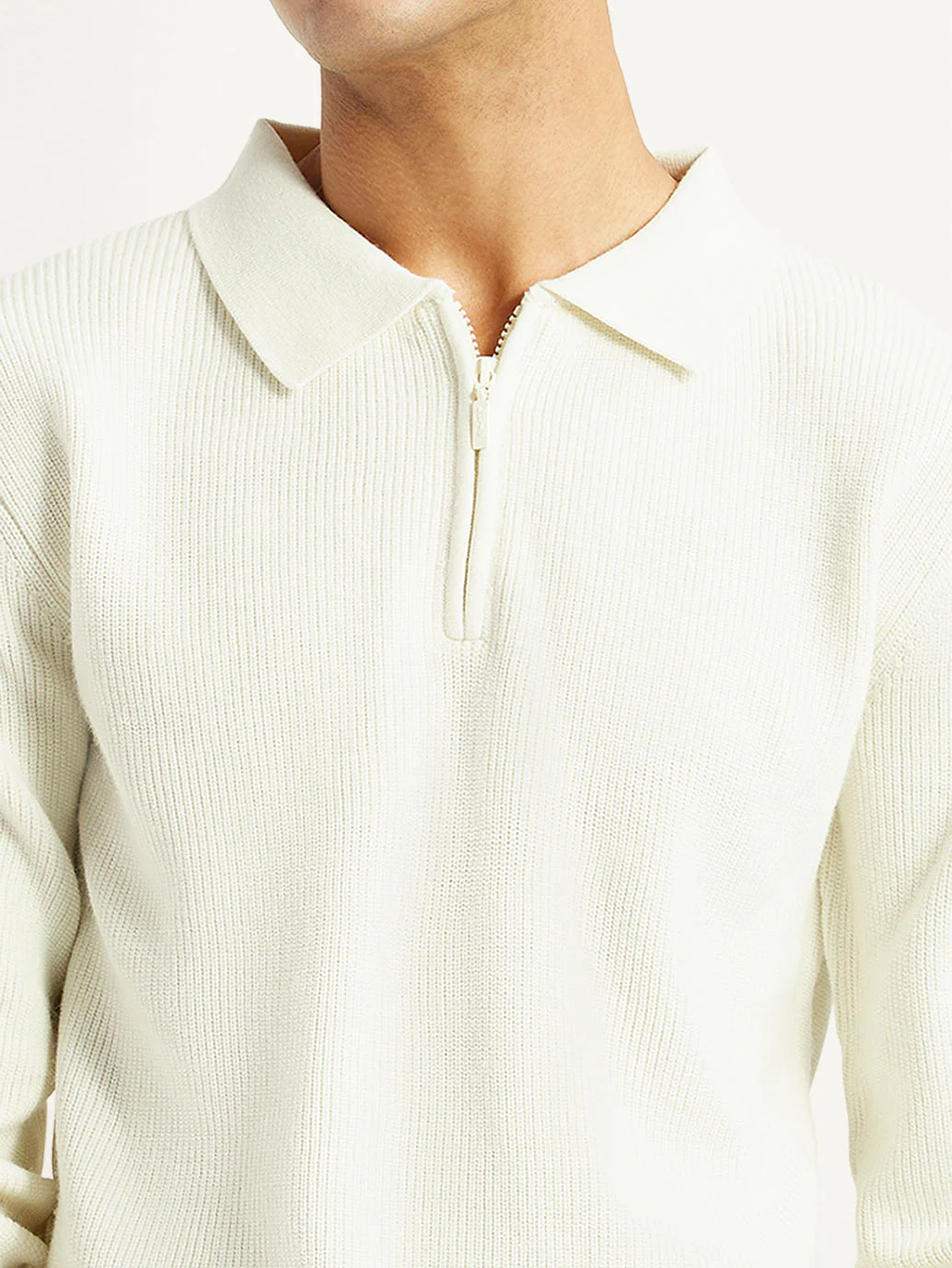 Men's Self Design Off White Polo Neck Sweater - Image 4