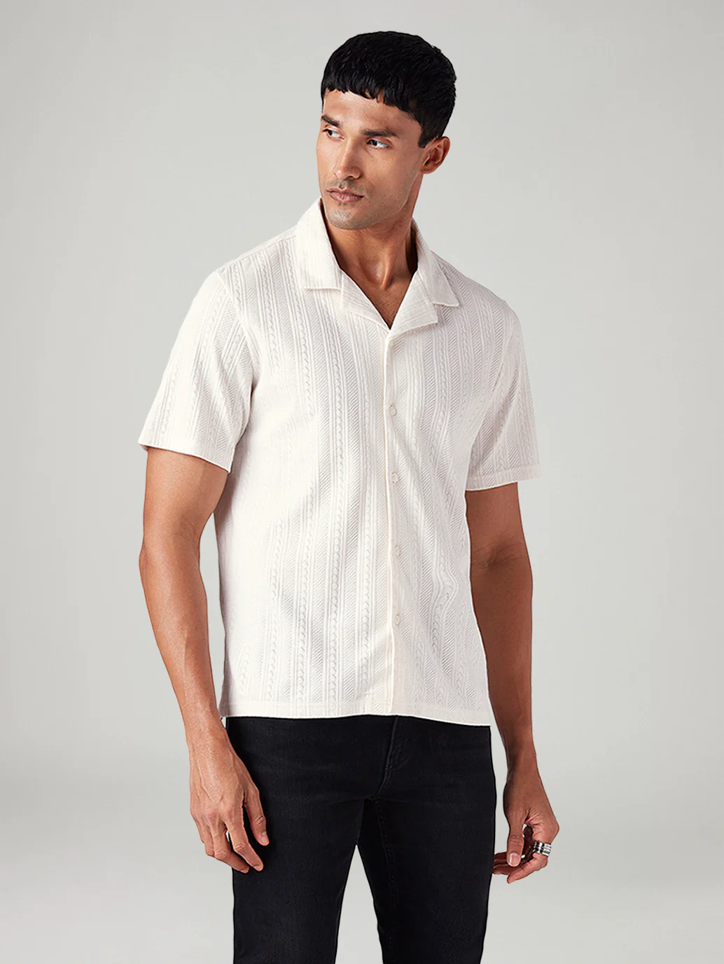 Men's Off White Relaxed Fit Resort Collar Camp Shirt - Image 2