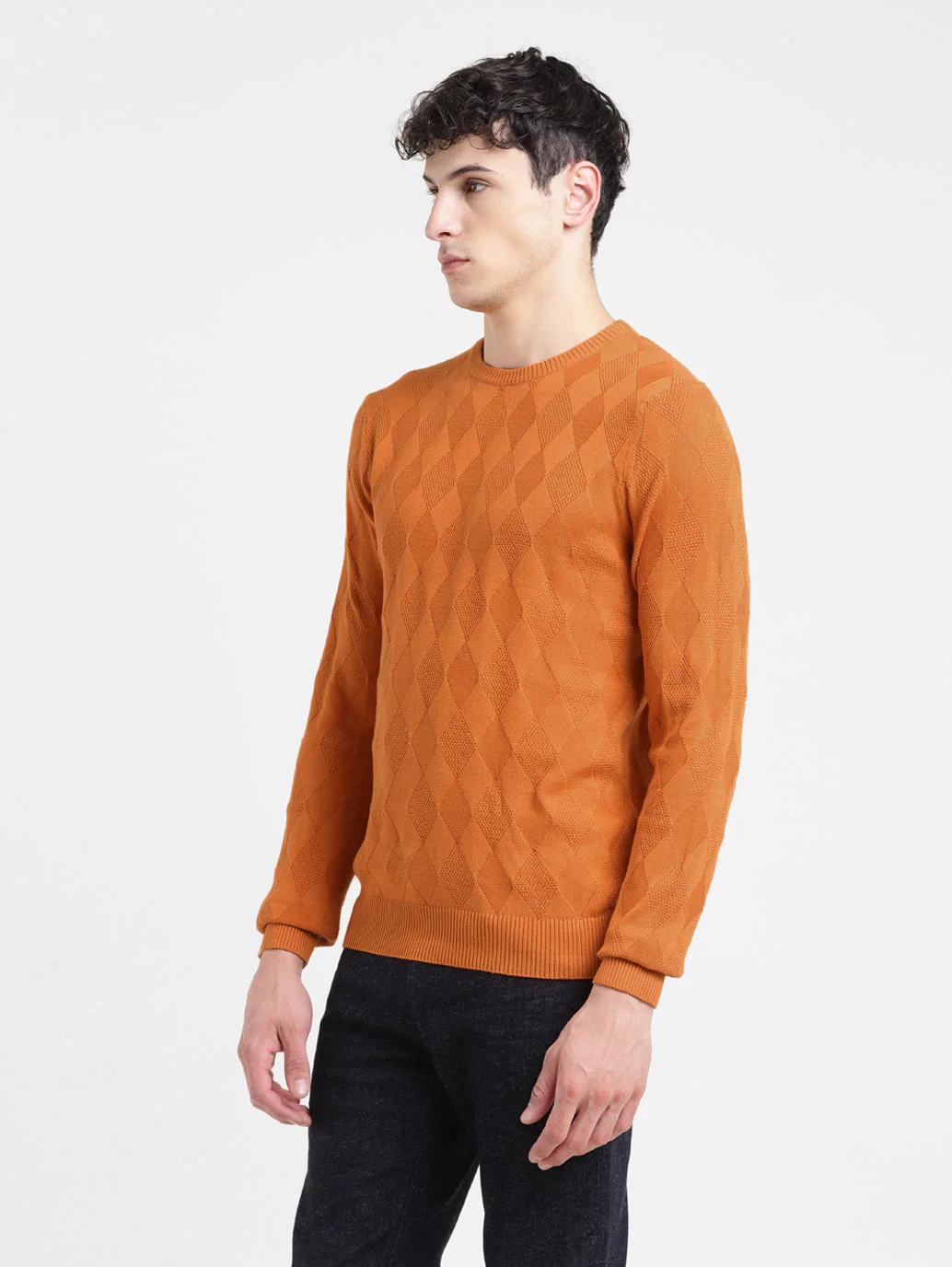 Men's Self Design Orange Crew Neck Sweater - Image 4