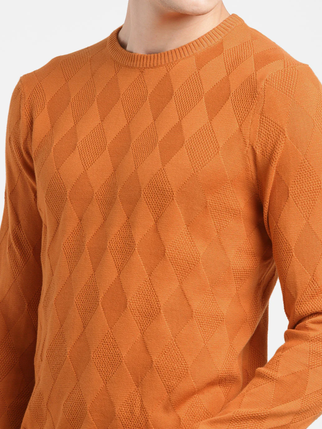 Men's Self Design Orange Crew Neck Sweater - Image 5