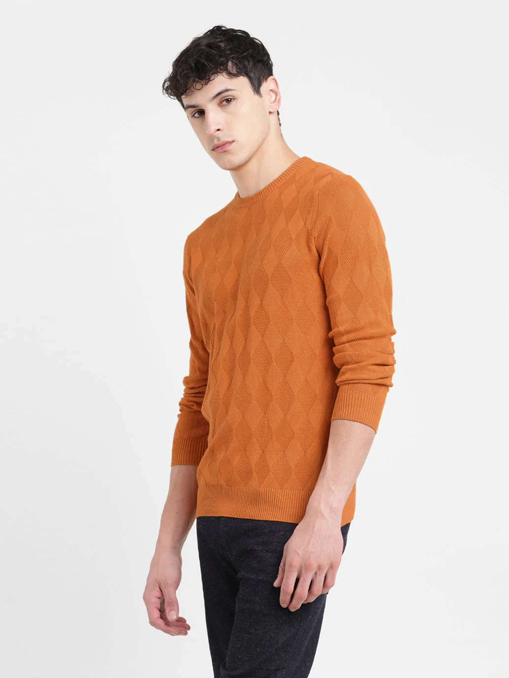 Men's Self Design Orange Crew Neck Sweater - Image 6