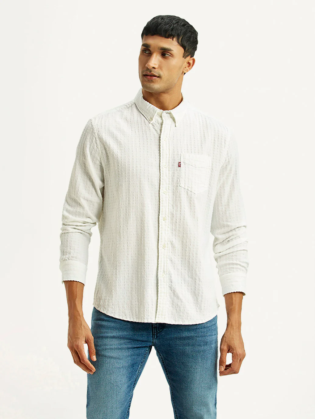 Men's Self Design White Slim Fit Shirt