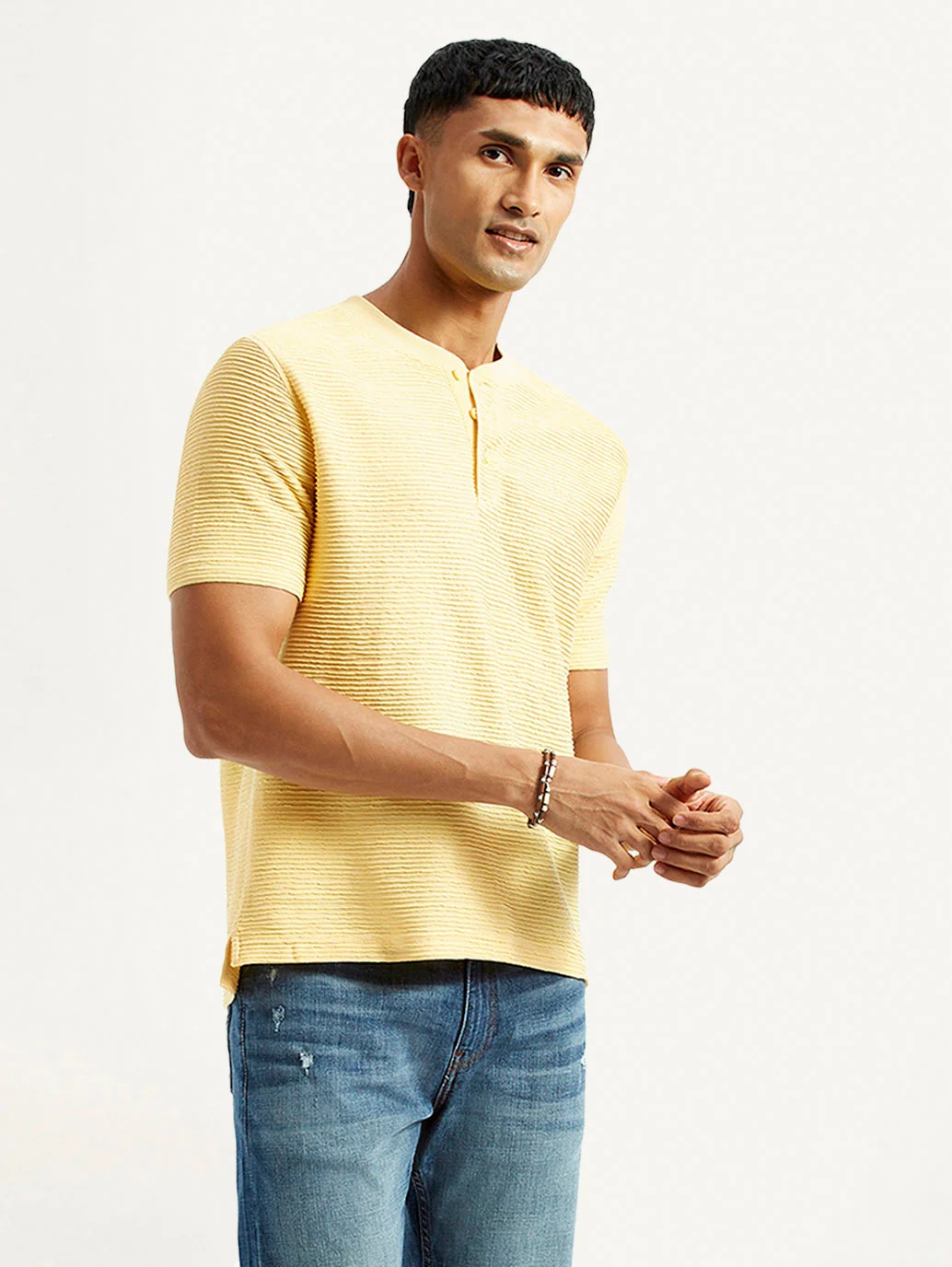 Men's Self Design Yellow Slim Fit T-shirt
