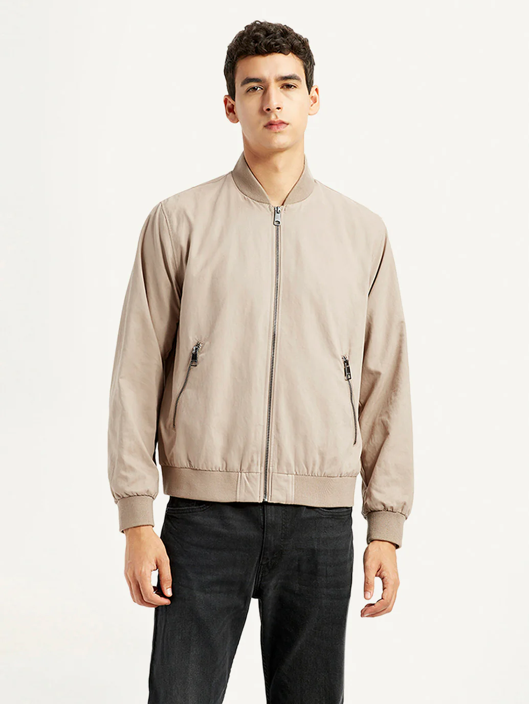 Men's Solid Beige Bomber Jacket - Image 2