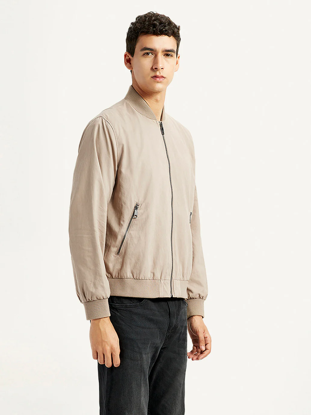 Men's Solid Beige Bomber Jacket - Image 5