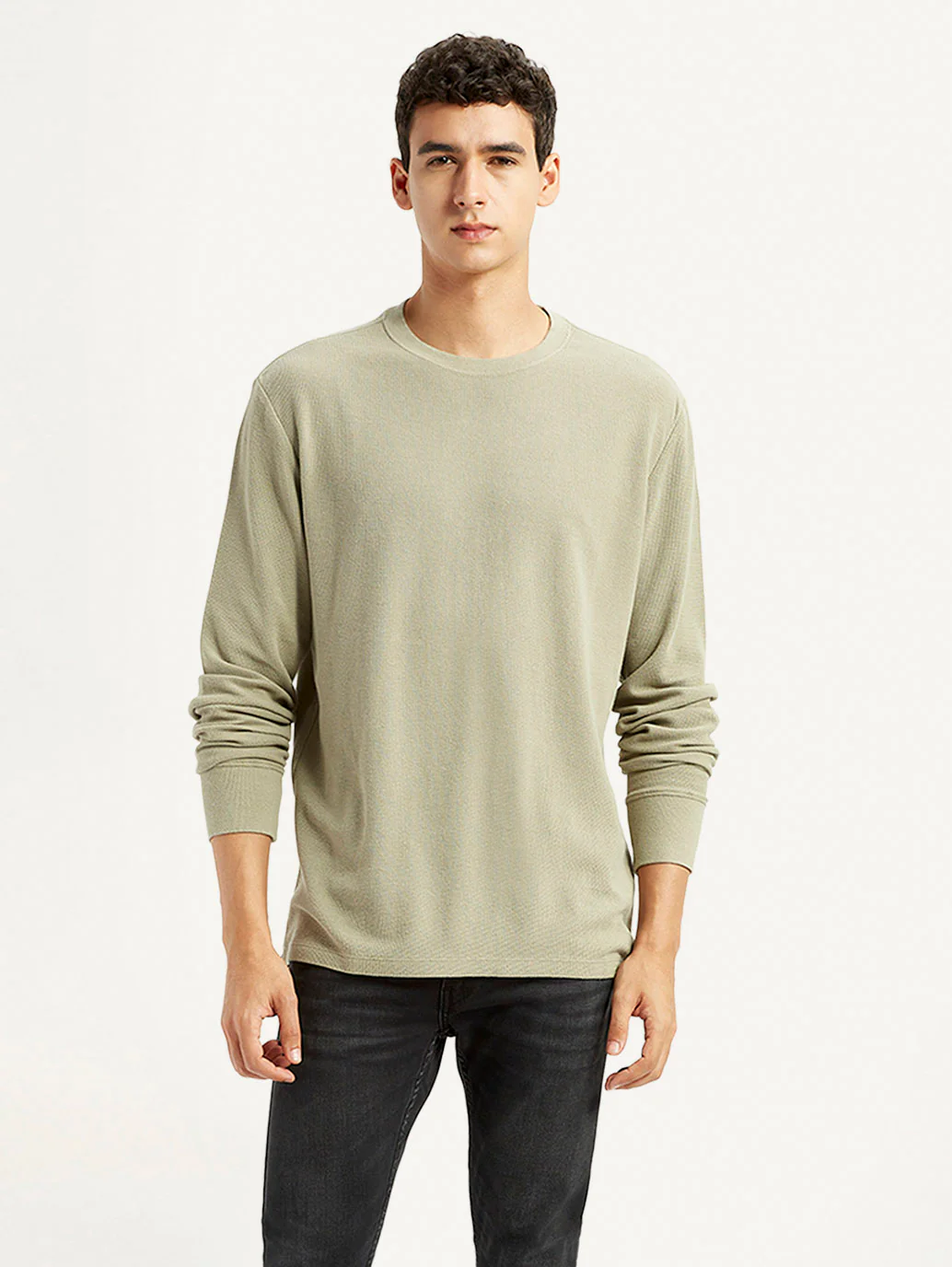 Men's Solid Beige Crew Neck Sweatshirt
