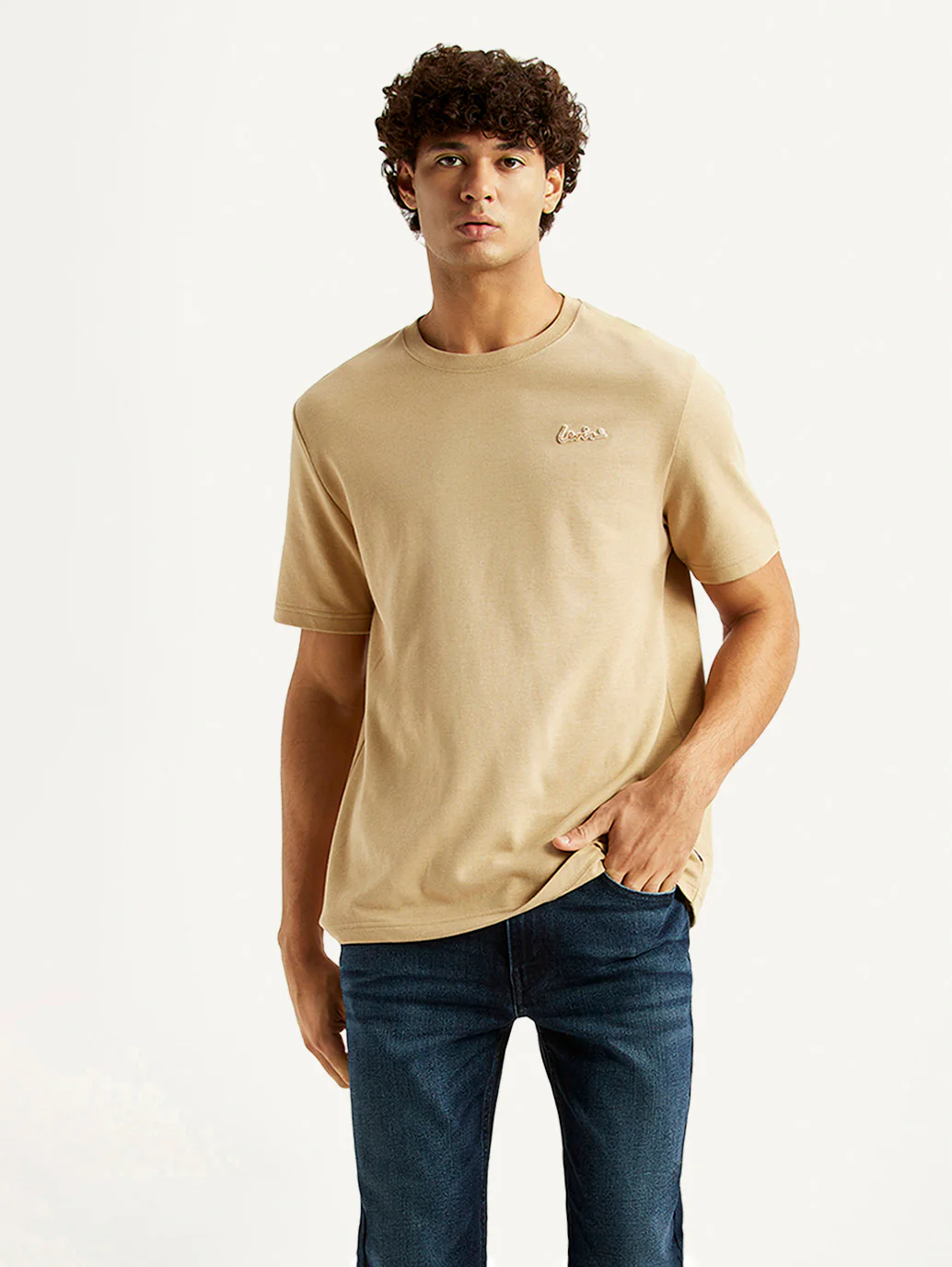Men's Solid Beige Crew Neck T-shirt