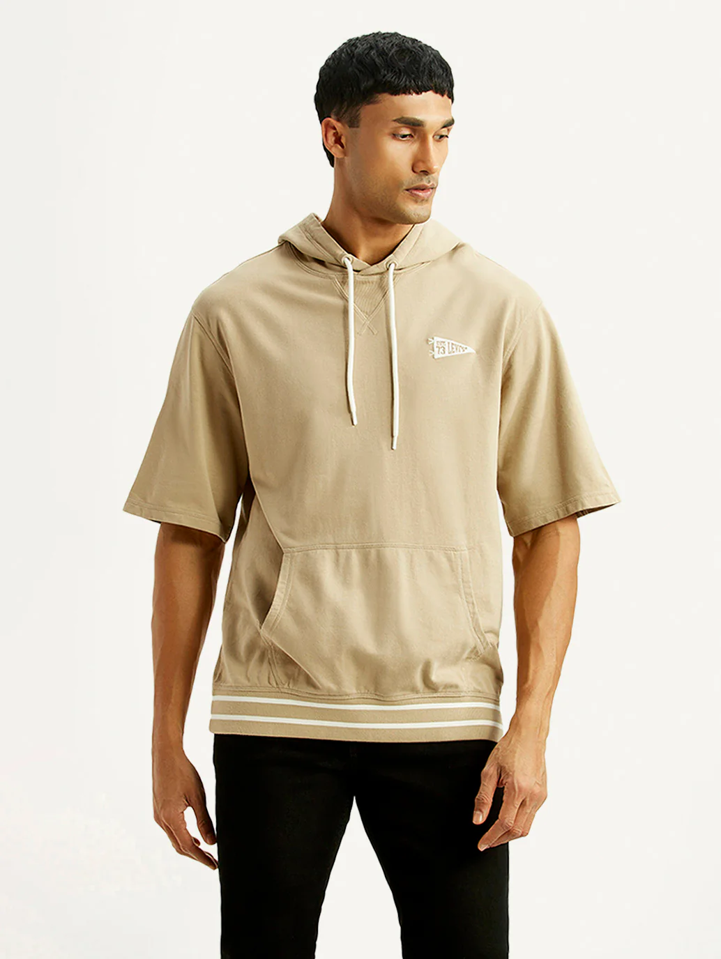 Men's Solid Beige Hooded Sweatshirt - Image 2