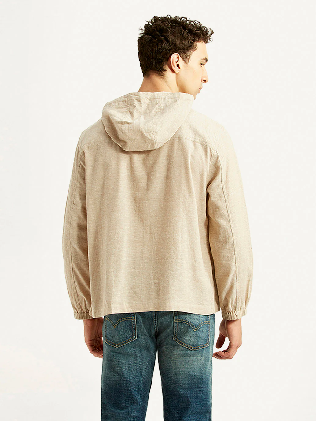Men's Solid Beige Linen Hooded Shacket - Image 2