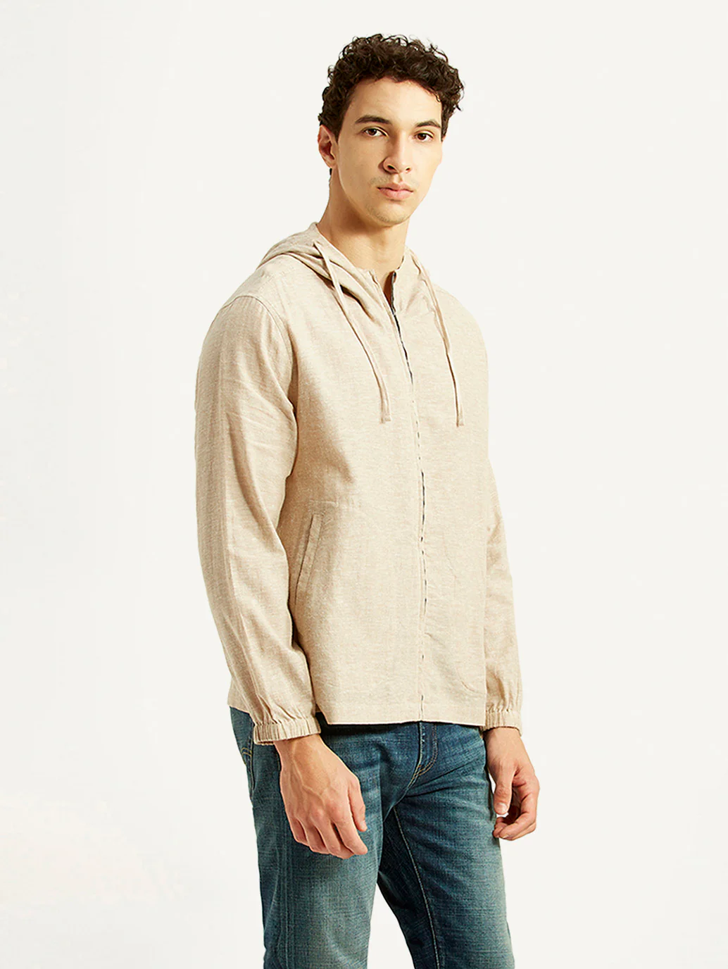 Men's Solid Beige Linen Hooded Shacket - Image 4