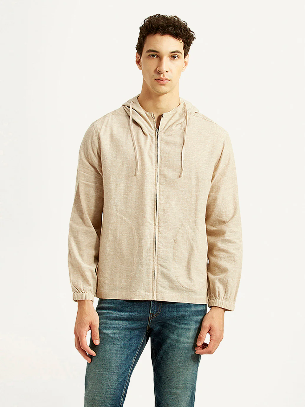 Men's Solid Beige Linen Hooded Shacket - Image 5