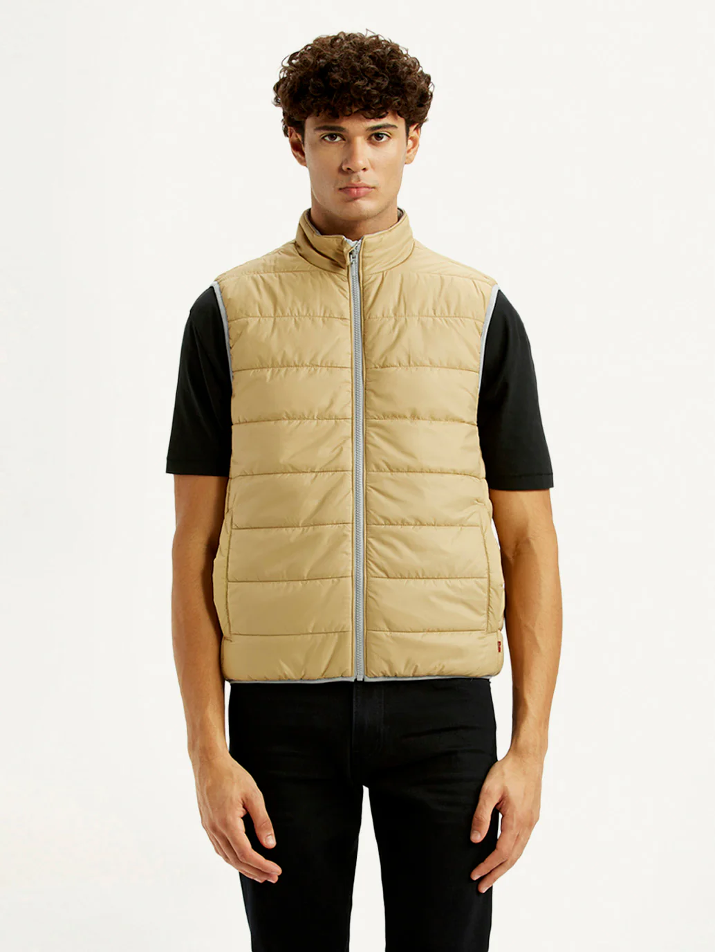 Men's Solid Beige Puffer Jacket - Image 2