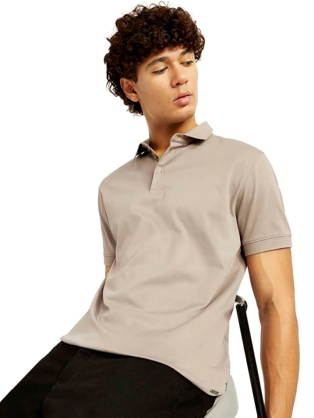 Men's Solid Beige Slim Fit Polo T-shirt
