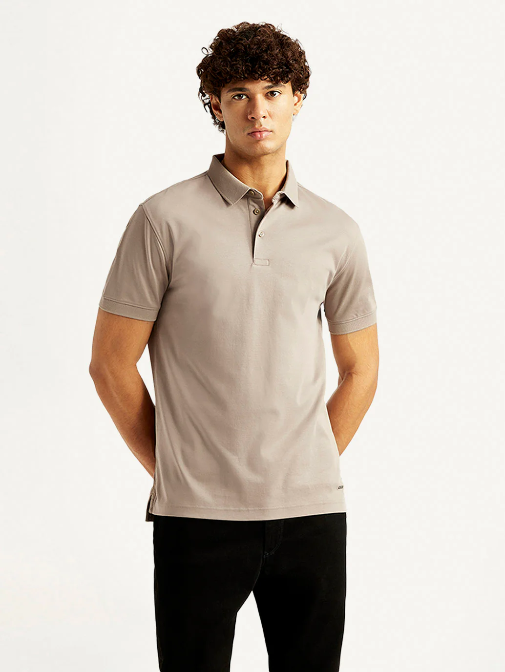 Men's Solid Beige Slim Fit Polo T-shirt - Image 2
