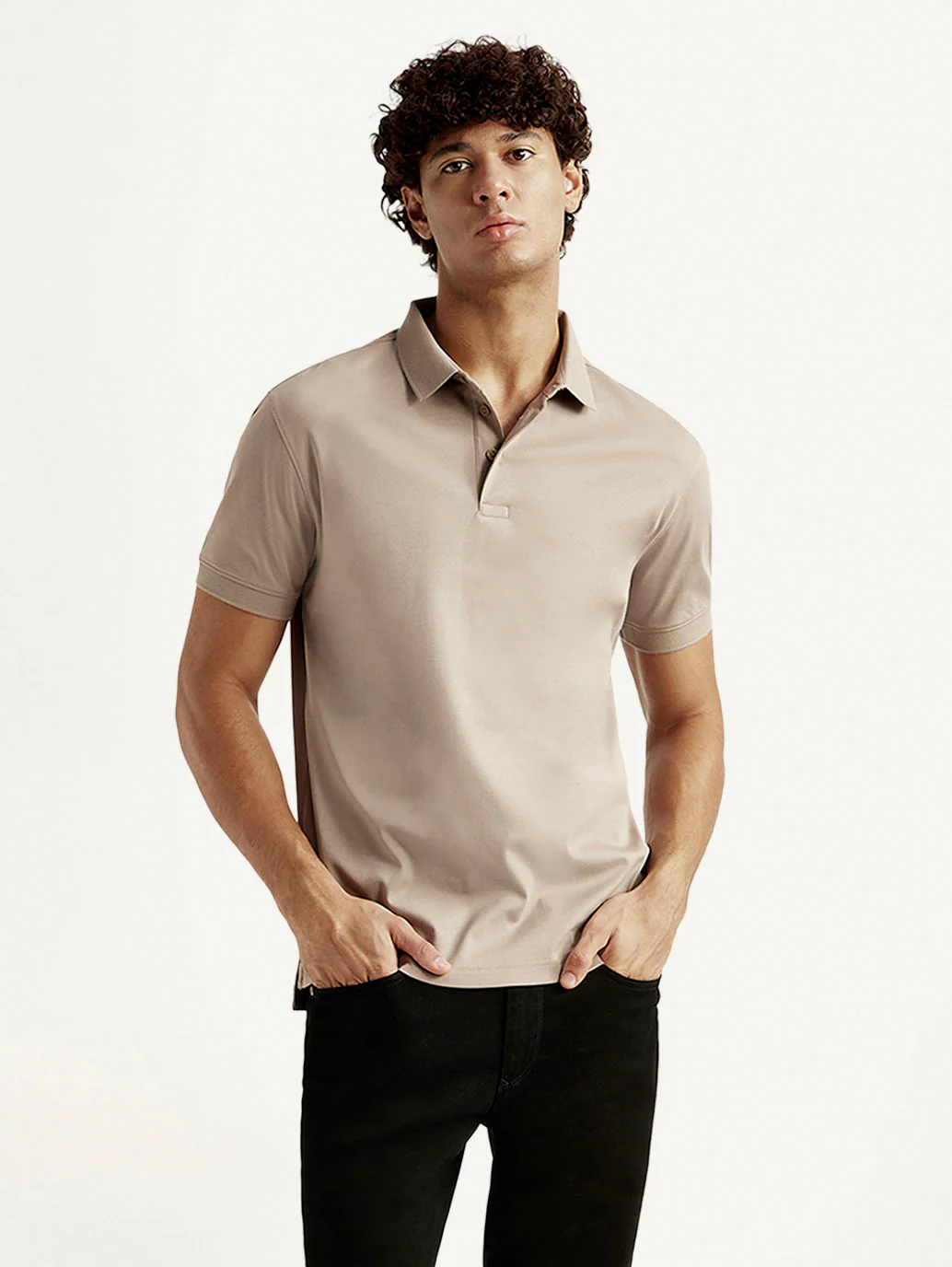 Men's Solid Beige Slim Fit Polo T-shirt - Image 6