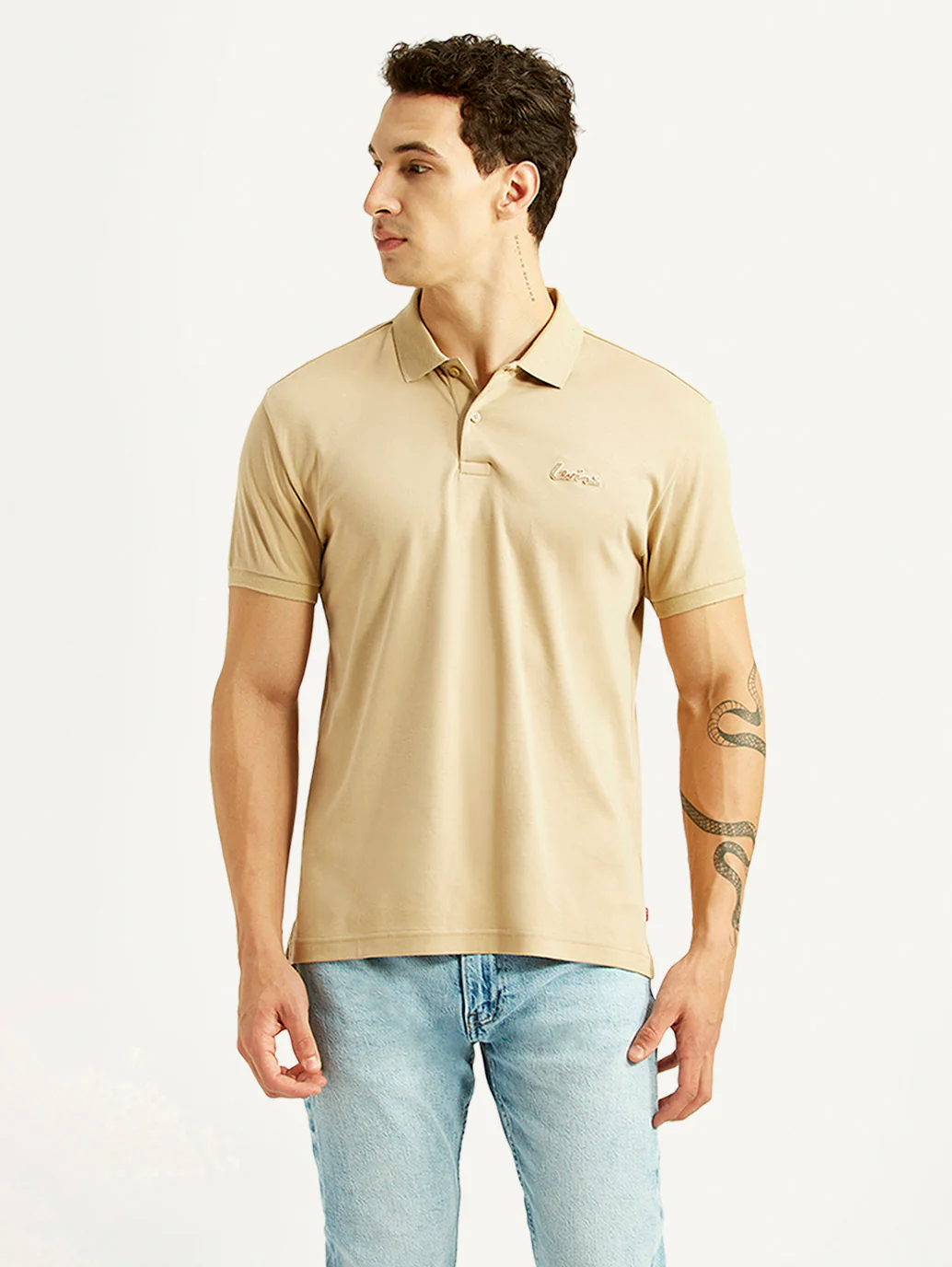 Men's Solid Beige Slim Fit Polo T-shirt - Image 5