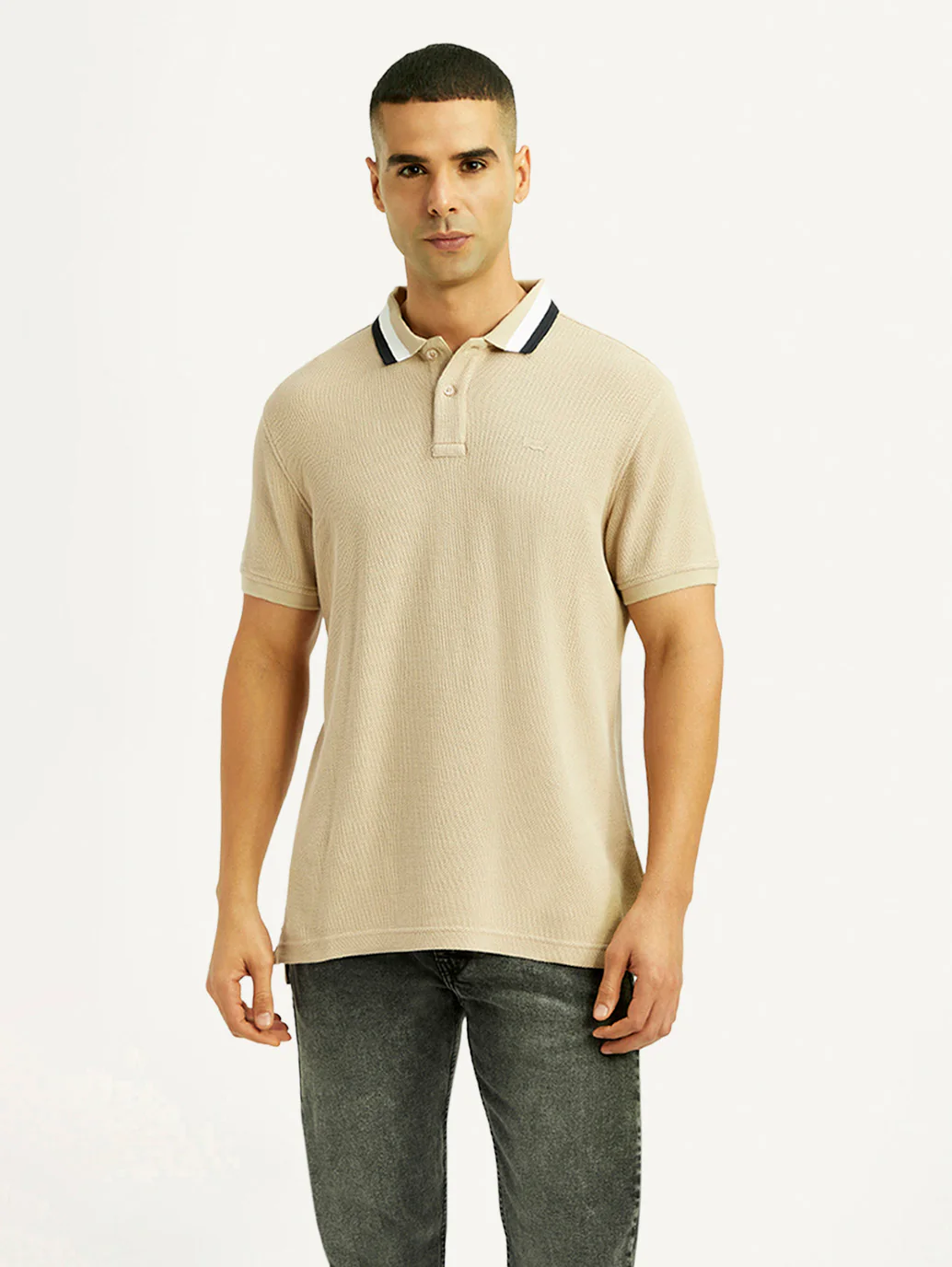Men's Solid Beige Slim Fit Polo T-shirt - Image 2