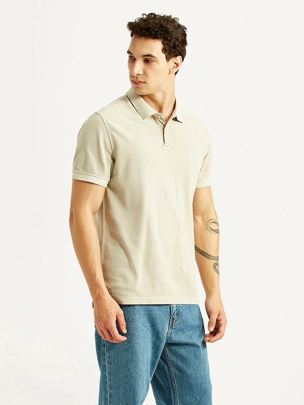 Men's Solid Beige Slim Fit Polo T-shirt - Image 5