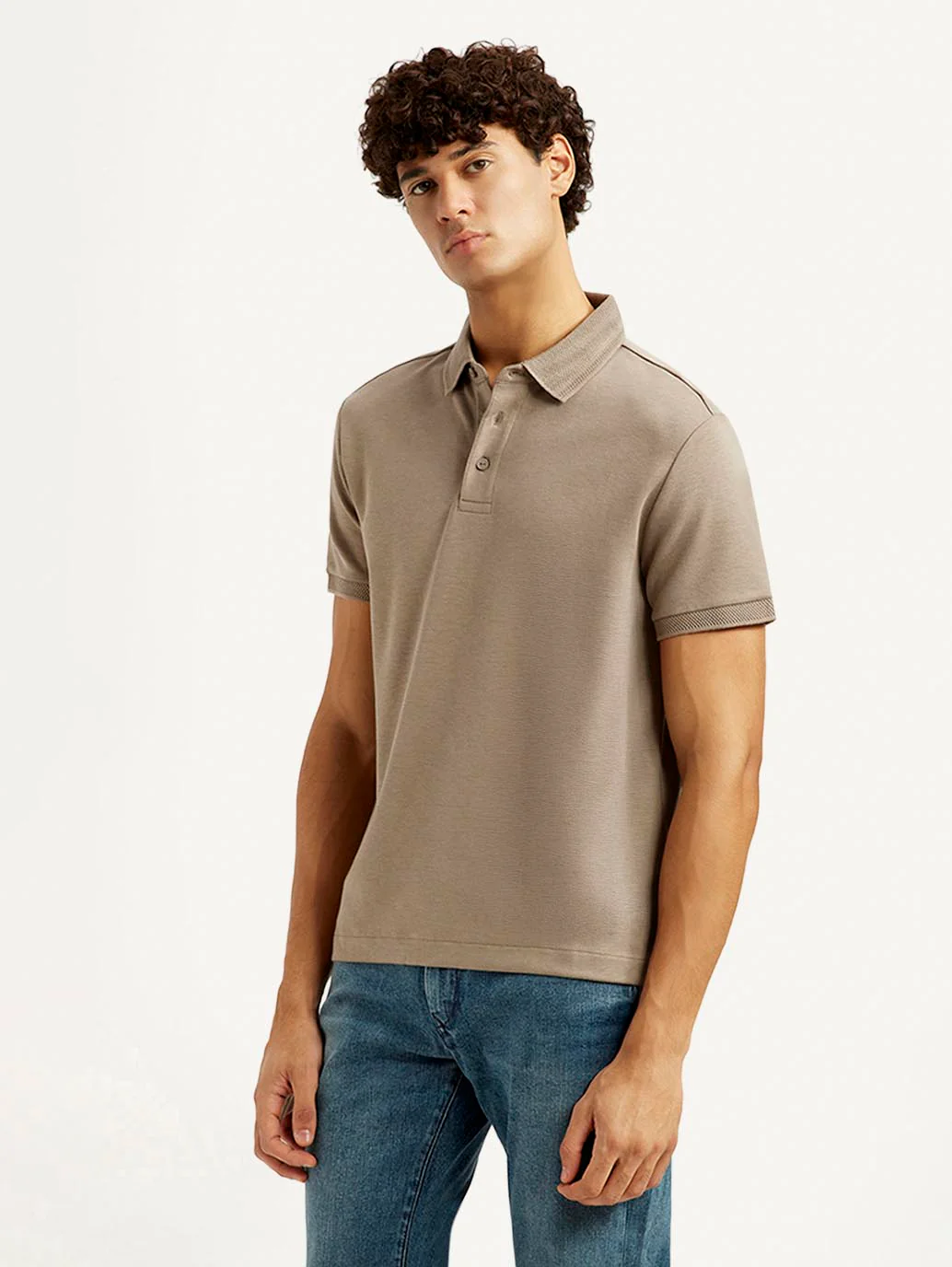 Men's Solid Beige Slim Fit Polo T-shirt - Image 4