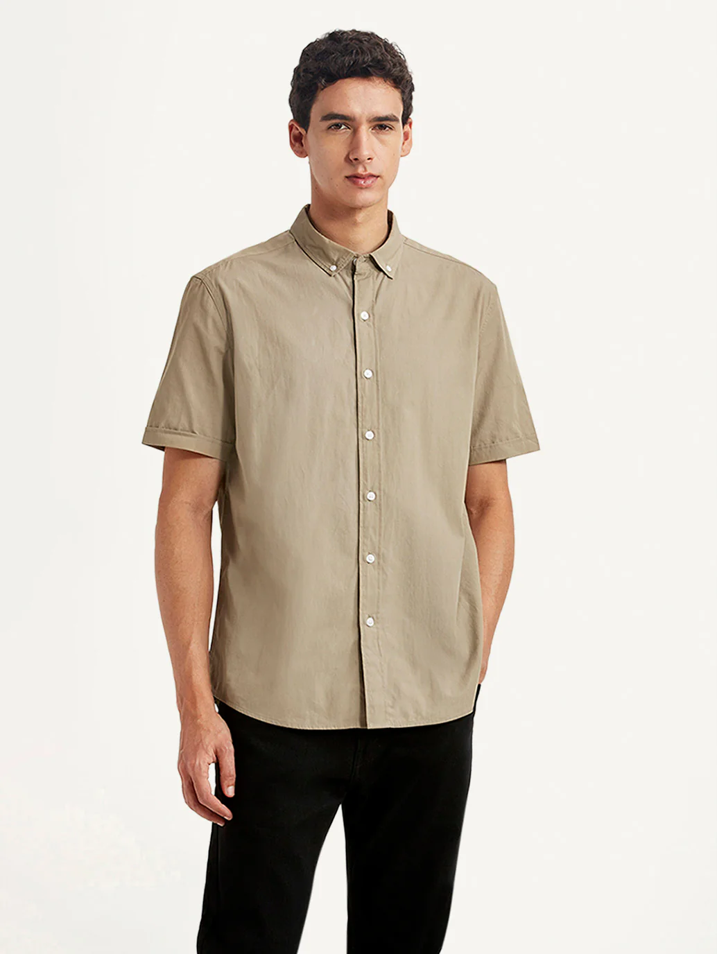 Men's Solid Beige Slim Fit Poplin Shirt - Image 2