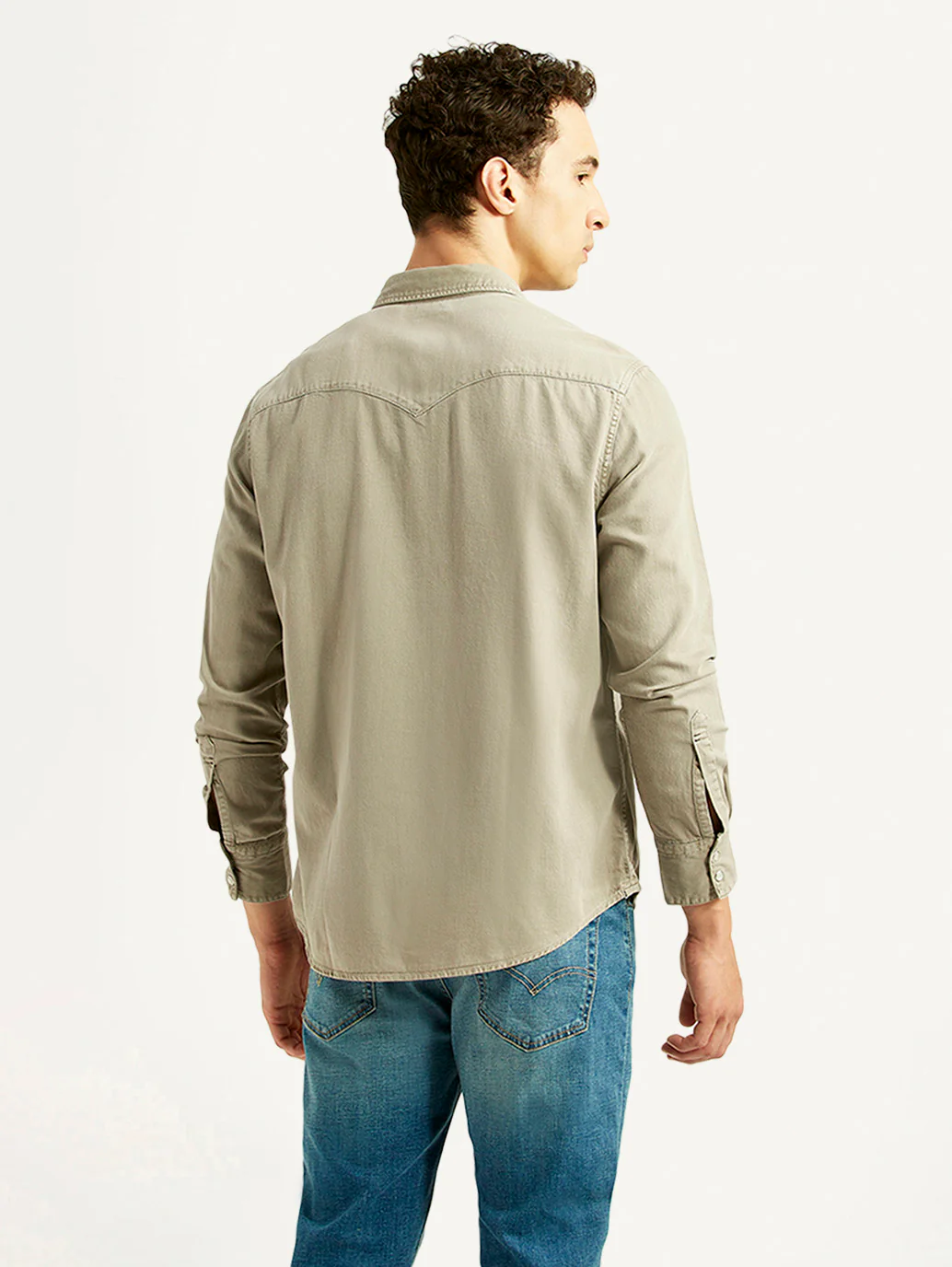 Men's Solid Beige Slim Fit Denim Shirt - Image 2