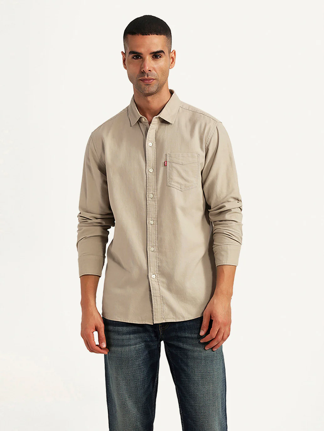 Men's Solid Beige Slim Fit Oxford Shirt