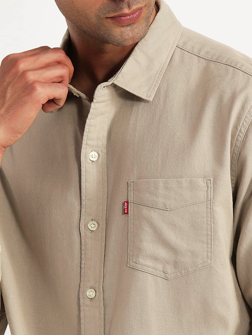 Men's Solid Beige Slim Fit Oxford Shirt - Image 3