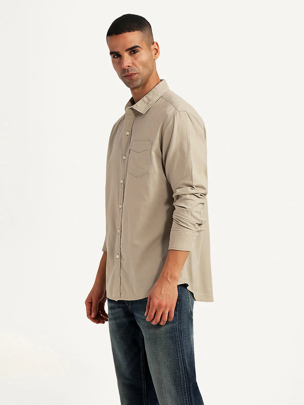 Men's Solid Beige Slim Fit Oxford Shirt - Image 4