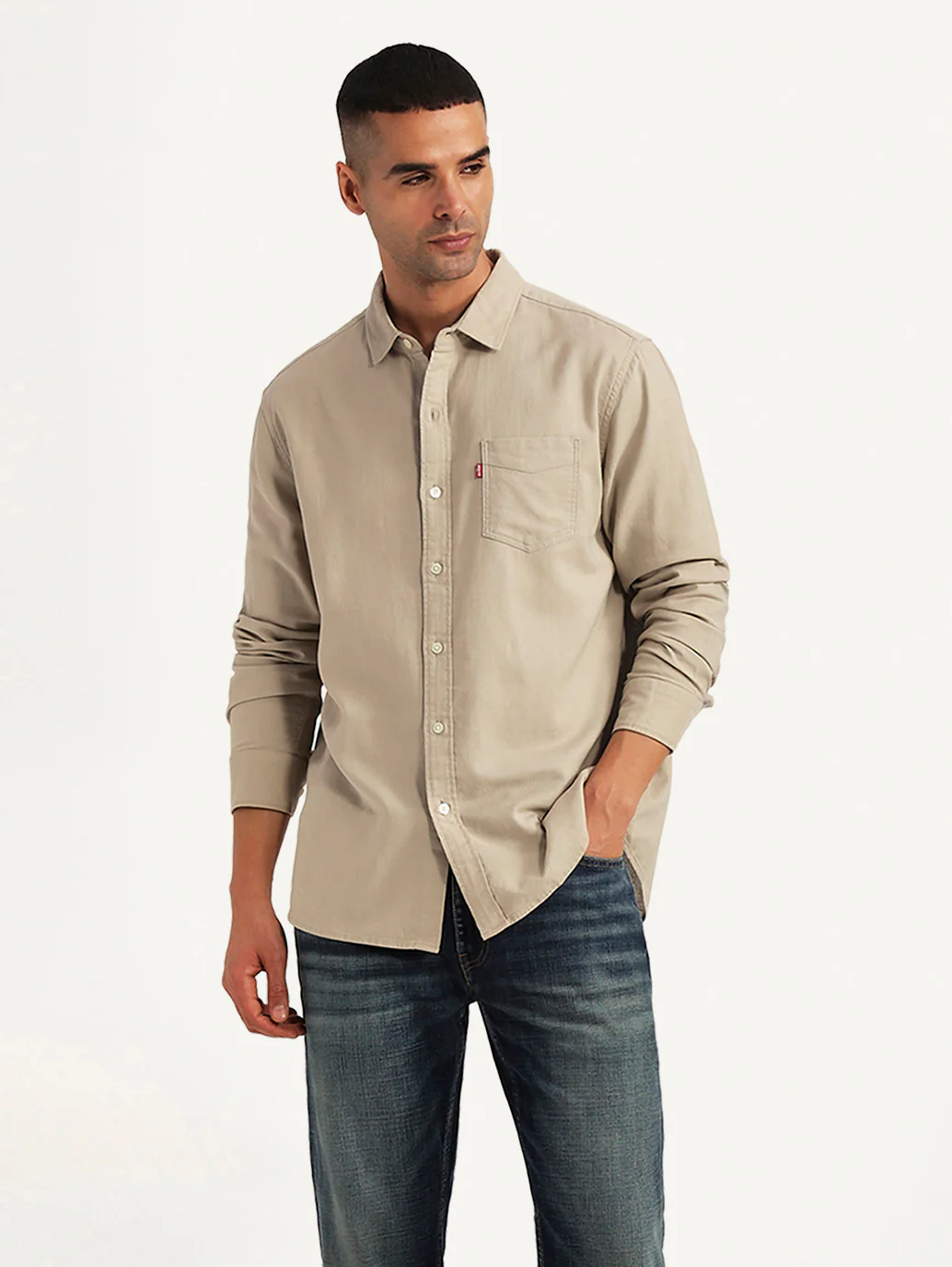 Men's Solid Beige Slim Fit Oxford Shirt - Image 5