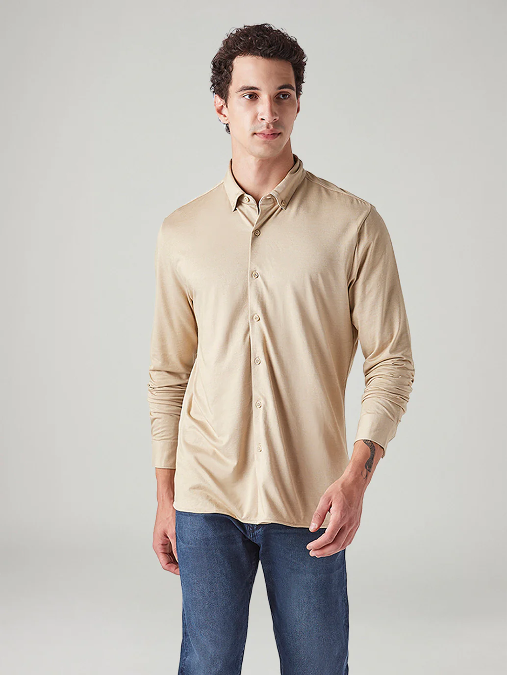 Men's Solid Beige Slim Fit Textured Shirt