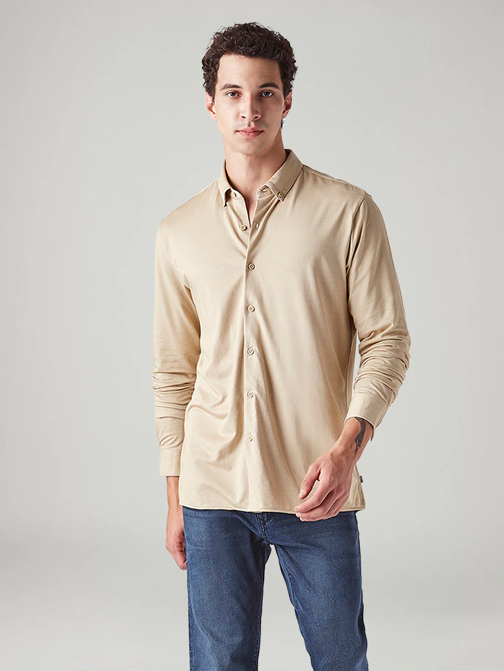 Men's Solid Beige Slim Fit Textured Shirt - Image 5