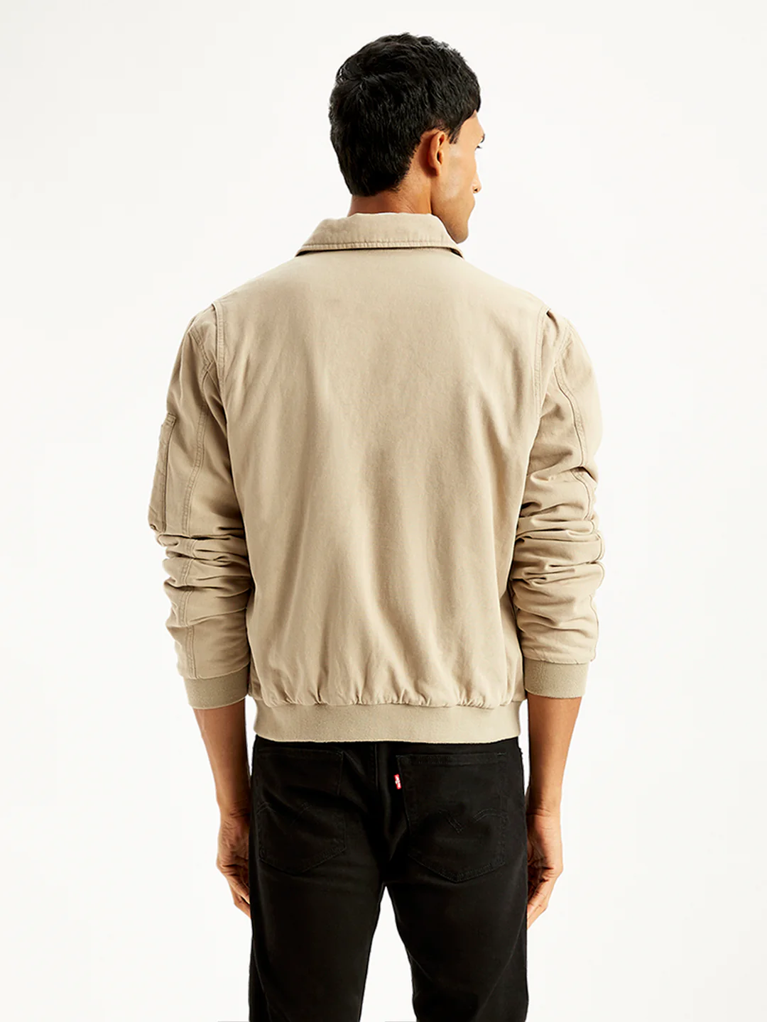 Men's Solid Beige Spread Collar Bomber Jacket - Image 2