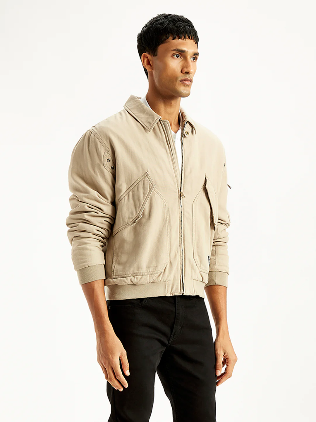 Men's Solid Beige Spread Collar Bomber Jacket - Image 3